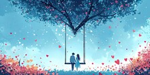 Heart-shaped Garden Swing - Design An Illustration Of A Garden Swing Suspended From A Heart-shaped Frame. The Scene Can Capture A Couple Enjoying A Gentle Swing Under A Canopy Of Blooming Flowers