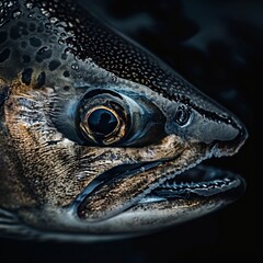 Wall Mural - A close-up photo of a salmon. Macro portrait of a salmon.