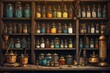Illustration of occult magic magazine and shelf with various potions, bottles, poisons, crystals, salt. Alchemical medicine concept