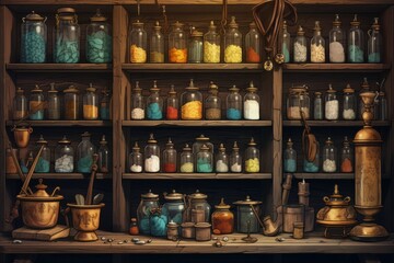 Wall Mural - Illustration of occult magic magazine and shelf with various potions, bottles, poisons, crystals, salt. Alchemical medicine concept