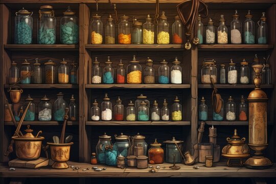 Illustration of occult magic magazine and shelf with various potions, bottles, poisons, crystals, salt. Alchemical medicine concept