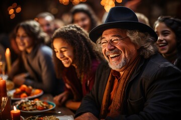 Families of all ages bonding over funny tales and festive songs at a Christmas feast.