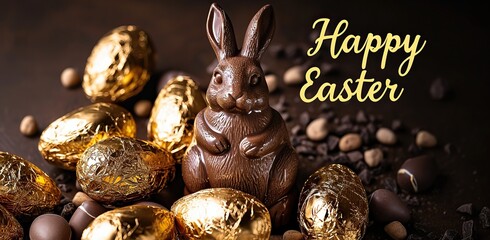 Chocolate Easter bunny and golden eggs on a dark background with the text 