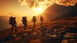 Four youthful trekkers with knapsacks are hiking in the mountains during twilight.