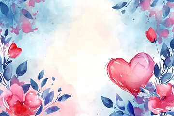 Wall Mural - Love with heart border frame background with watercolor style.