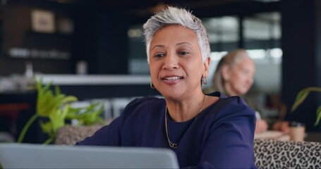 Aufkleber - Mature, woman and video call with communication in cafe for networking, conversation and business chat. Entrepreneur, person and conference with laptop for planning, consultant and talking to client