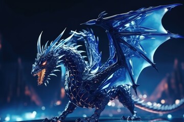 Poster - Abstract flying dragons on dark blue background: AI, neural networks, big data.
