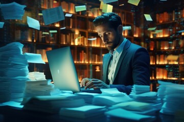 Poster - Businessman using computer for online documentation and file storage.