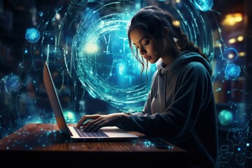 Poster - Digital technology, internet, big data, digital marketing, IoT, woman using modern computer