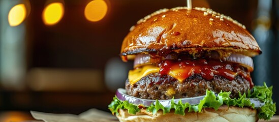 Canvas Print - Tasty burger with meatballs, cheese, and onions.