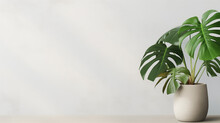 Monstera Plant In A Ceramic Pot In Front Of A White House Wall Or White Background. Tropical House Plant Interior Design Concept. 