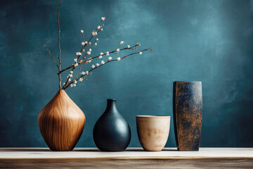 Elegant wooden and ceramic vases with a single blossom branch on a wooden table against blue dark background