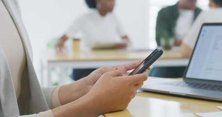 Sticker - Business person, hands and phone typing for research, social media or networking at office desk. Closeup of employee on mobile smartphone for online chatting, search or texting on app at workplace