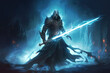 © ImagineDesign - illustration painting of knight with the magic sword standing on the fire, digital art style