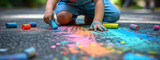 Fototapeta  - The child draws a house and a rainbow on the asphalt with chalk. Selective focus. Generative AI,