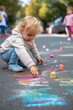© Milena - The child draws a house and a rainbow on the asphalt with chalk. Selective focus. Generative AI,