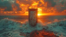 Single Door Frame In The Middle Of The Ocean Made With Ai Generative Technology