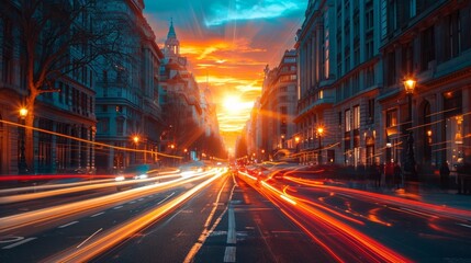 Wall Mural - Fast city life with blurred motion highway, Modern City sunset
