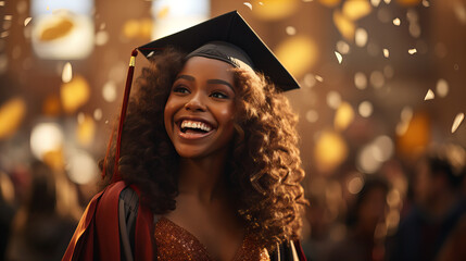 Wall Mural - Graduate's Joyful Celebration, young, jubilant African American graduate rejoices amidst a sparkling celebration, embodying achievement and hope