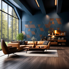 Wall Mural - Modern living room design with abstract geometric elements. The original design of the walls.