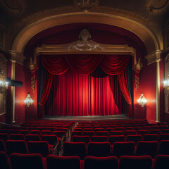 Sticker - Old-fashioned cinema with a red velvet curtain. 