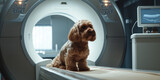 Fototapeta  - Black Dog Awaiting MRI Scan in Modern Veterinary Clinic. Puppy sits patiently on the examination table of veterinary clinic with MRI equipment in the background.