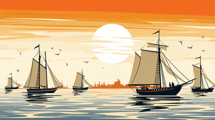 Wall Mural - historical charm of sailing ships in a vector scene featuring classic sailboats billowing sails and the timeless allure associated with traditional maritime vessels .simple isolated line styled vector