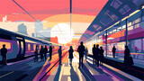 Fototapeta  - bustling scenes of railway stations in a vector art piece showcasing passengers navigating platforms boarding trains and the lively atmosphere that characterizes transportation hubs .simple isolated