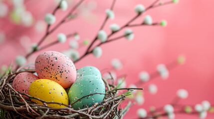 Happy Easter card and eggs. Selective focus. Generative AI,