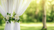 White curtain backdrop for ceremony party at outdoor, blurred background, white flowers background