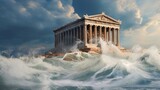 Fototapeta  - Roman temples in front of big waves in the sea made with Ai generative technology
