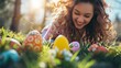 A joyful woman participating in an Easter egg search, stooping to retrieve a secret surprise with delight