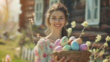 A Single Woman With A Genuine Smile, Holding A Basket Of Hand-painted Easter Eggs In A Charming Outdoor Setting