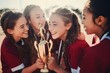 Middle school american girl sport player kissing trophy with cheering teammates