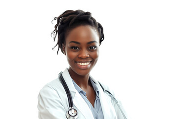 Poster - medicine, profession and healthcare concept - happy smiling african american female doctor in white coat with stethoscope on transparent