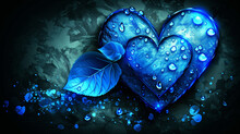Background, Neon Blue Heart Decorated With Leaves On A Dark Background, Valentine's Card