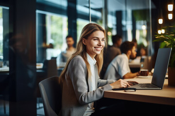 Employee with headphones working on her computer at office desk