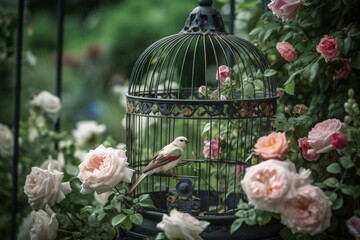 Wall Mural - a picture of a bird in a garden with roses and a birdcage. Generative AI