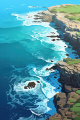 Poster - Tranquil Seascape: Majestic Ocean Waves Crashing Against the Coastal Shoreline under a Clear Blue Sky