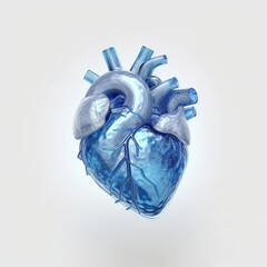 Logo of a blue human heart in full view with transparent skin depth, grey soft light, realistic lights, photorealistic, white background