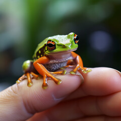 Wall Mural - A captivating photograph capturing a small frog perched on a person's finger against a bright background, showcasing a unique and intimate connection between human and amphibian in a vibrant setting.
