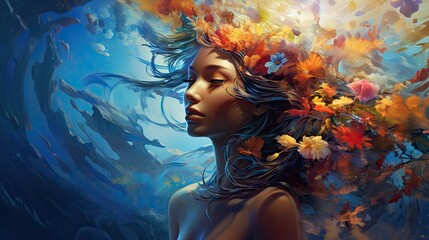 Wall Mural - Fantasy woman with flowers in her hair