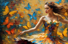 A Young Beautiful Girl And Flying Butterflies Painted With Oil Paints. Summer Symbol