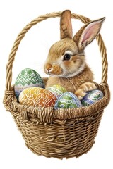 Poster - A cute bunny sits in a wicker basket filled with colorful Easter eggs.