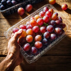 Wall Mural - Fresh grapes in a plastic box on a wooden table, top view