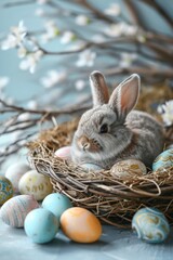 Wall Mural - A bunny rabbit sits in a nest with Easter eggs.