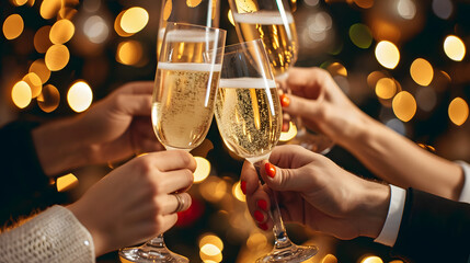 Happy friends having fun and toasting sparkling wine glasses close-up against golden bokeh lights background. Christmas celebration