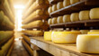 Des meules de fromage sur une étagère en bois.
