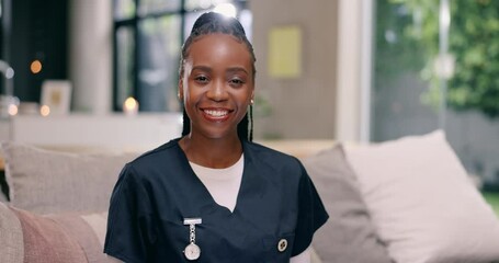 Sticker - Nurse, face and smile as medical support for patient helper or advice, insurance or healthcare. Black woman, scrubs and professional career for client trust or illness treatment, clinic or check up