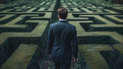 A determined businessman in a suit stands halted before a symbolic maze, representing obstacles such as economic challenges, or a potential business deadlock.